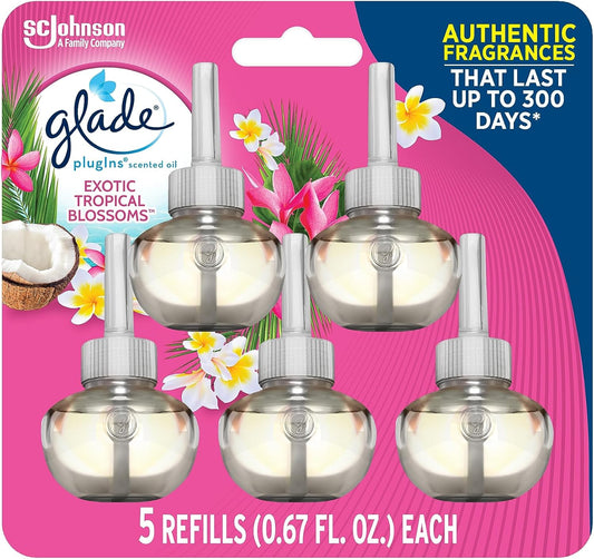 Glade PlugIns Refills Air Freshener, Scented and Essential Oils for Home and Bathroom, Exotic Tropical Blossoms, 3.35 Fl Oz, 5 Count