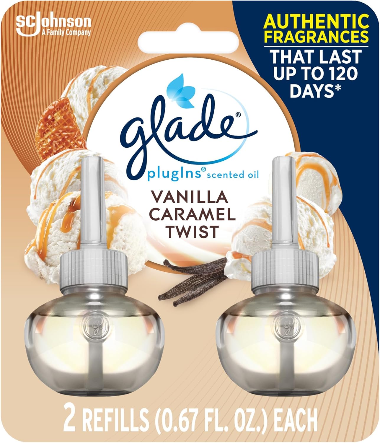 Glade PlugIns Refills Air Freshener, Scented and Essential Oils for Home and Bathroom, Vanilla Caramel Twist, 1.34 Fl Oz, 2 Count
