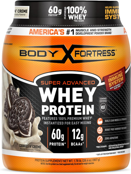 Body Fortress Super Advanced Whey Protein Powder, Cookies N’ Creme, 60g Protein & 12g BCAAs Per 2 Scoops, Muscle Gain & Recovery, Immune Support...