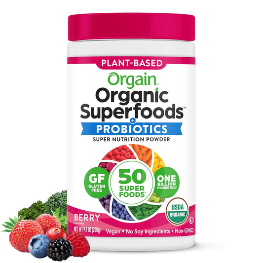 Orgain Organic Greens Powder + 50 Superfoods, Berry - 1 Billion Probiotics for Digestive Health, Antioxidants, Vegan, Plant-Based, Gluten-Free, Non-GMO,...