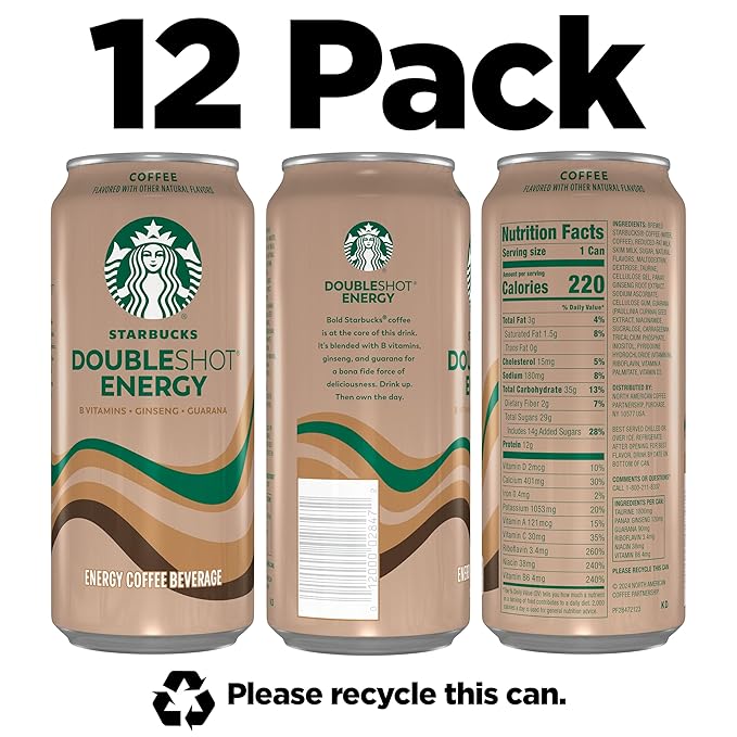 Starbucks RTD Energy Drink, Doubleshot Energy Drink, Coffee, Guarana, Vitamin B, Ginseng, 15 Oz Cans (Pack of 12)