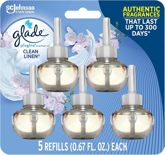 Glade PlugIns Refills Air Freshener, Scented and Essential Oils for Home and Bathroom, Clean Linen, 3.35 Fl Oz, 5 Count