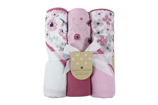 Cudlie Buttons & Stitches Baby Girl 3 Pack Rolled/Carded Hooded Towels in Crisp Blossom Print (GS71728) 
