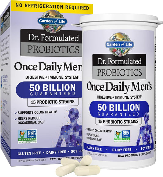 Garden of Life Probiotics for Men Dr Formulated 50 Billion CFU 15 Probiotics + Organic Prebiotic Fiber for Digestive, Colon & Immune Support, Daily Gas Relief, Dairy Free, Shelf Stable, 30 Capsules