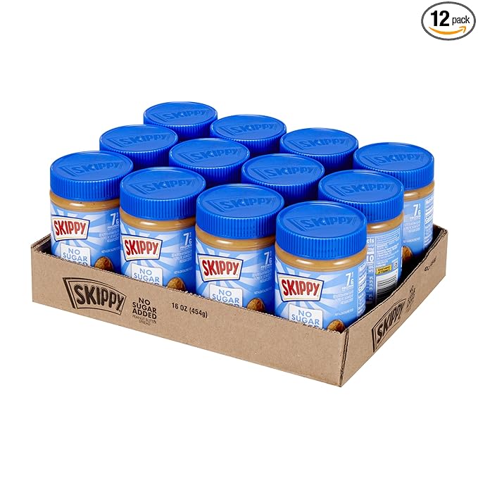 SKIPPY No Sugar Added Chunky Peanut Butter Spread, 16 oz Jars (Pack of 12) Ð 3 Ingredients, 7g Protein per Serving, Gluten-Free