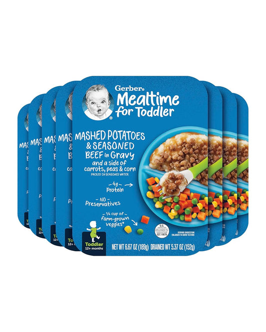 Gerber Baby Food, Mashed Potatoes and Seasoned Beef in Gravy and a side of Carrots, Peas and Corn, Toddler Food with Farm Grown Veggies, Toddler Meal, No...