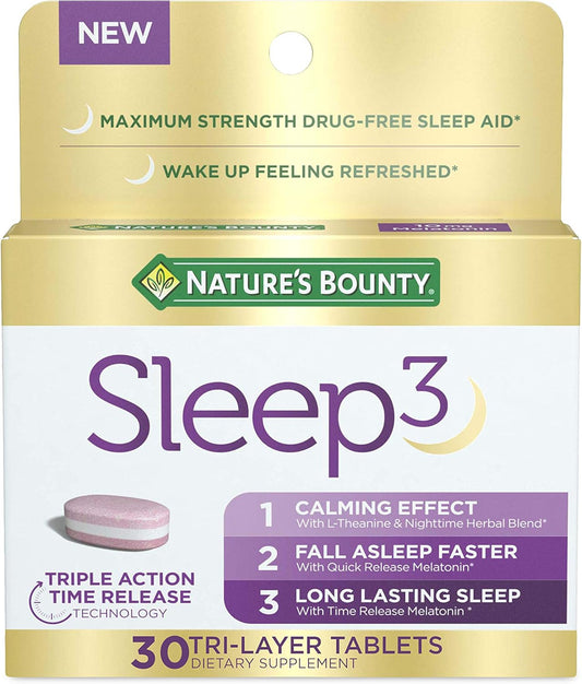 Nature's Bounty Melatonin, Sleep3 Maximum Strength 100% Drug Free Sleep Aid, Dietary Supplement, L-Theanine & Nighttime Herbal Blend Time Release Technology, 10mg, 30 Tri-Layered Tablets
