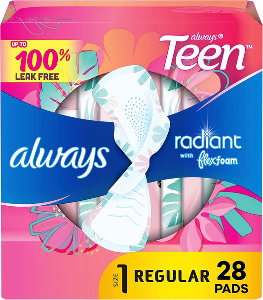 Always Radiant FlexFoam Teen Pads Regular Absorbency, 100% Leak Free Protection is possible, with Wings, Unscented, 28 Count