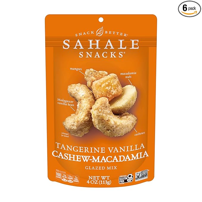 Sahale Snacks Tangerine Vanilla Cashew-Macadamia Glazed Mix, 4 oz Pouches (6 Packs) - Dry-Roasted Deluxe Mixed Nuts with Mangoes & Madagascar Vanilla - Non-GMO, Kosher, & Certified Gluten-Free Snacks