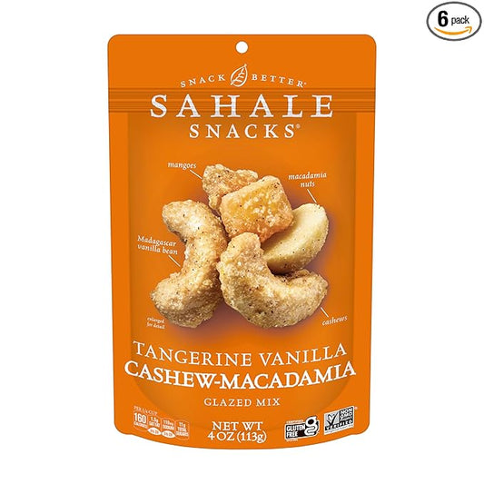 Sahale Snacks Tangerine Vanilla Cashew-Macadamia Glazed Mix, 4 oz Pouches (6 Packs) - Dry-Roasted Deluxe Mixed Nuts with Mangoes & Madagascar Vanilla - Non-GMO, Kosher, & Certified Gluten-Free Snacks