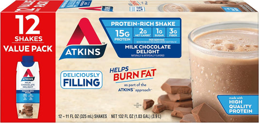 tkins Milk Chocolate Delight Protein Shake, 15g Protein, Low Glycemic, 2g Net Carb, 1g Sugar, Keto Friendly, 12 Count