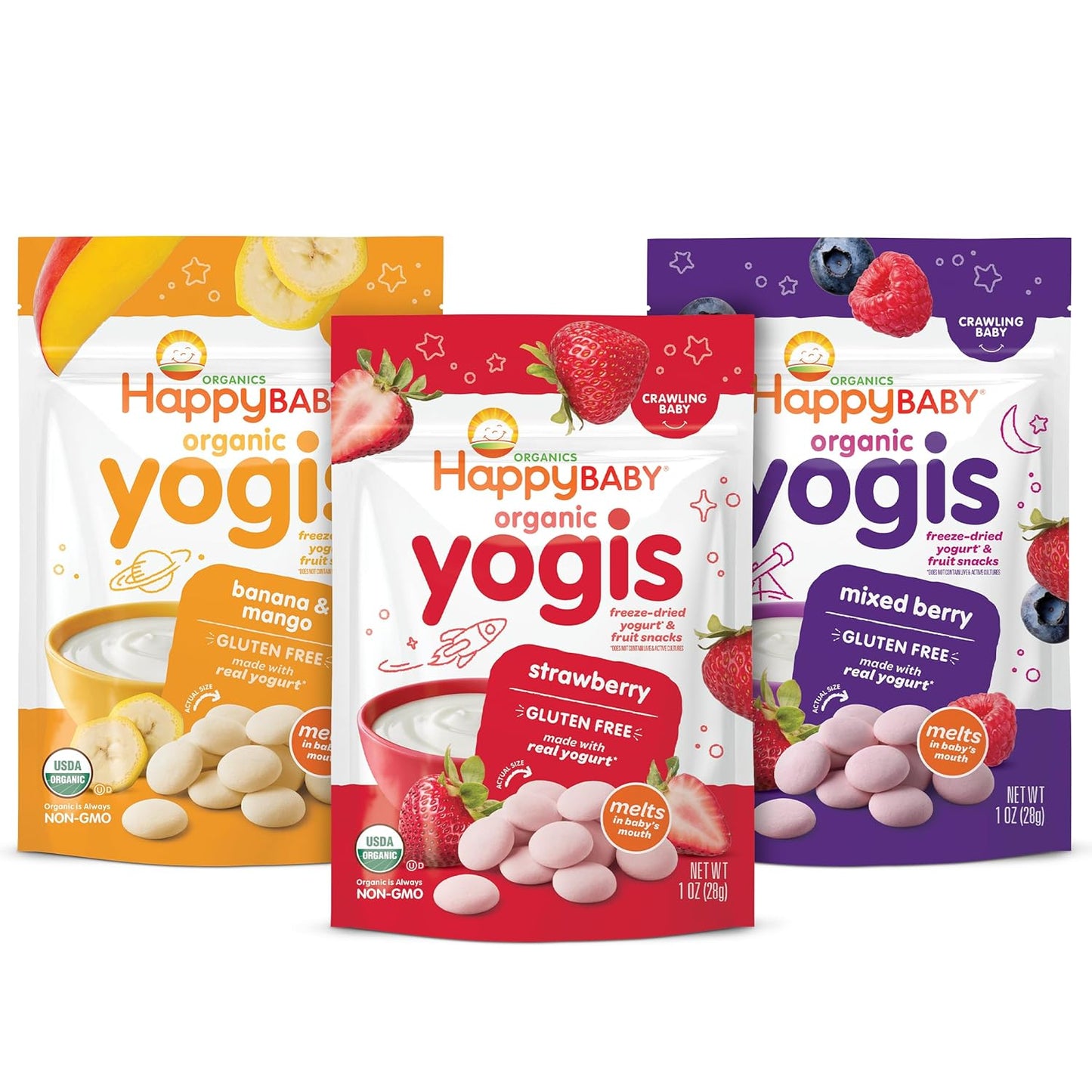Happy Baby Organics Baby Snacks, Yogis, Freeze Dried Yogurt & Fruit Snacks, Gluten Free Snack for Babies 9+ Months, 3 Flavor Variety Pack, 1 Ounce (Total Pack of 3)