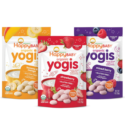 Happy Baby Organics Baby Snacks, Yogis, Freeze Dried Yogurt & Fruit Snacks, Gluten Free Snack for Babies 9+ Months, 3 Flavor Variety Pack, 1 Ounce (Total Pack of 3)