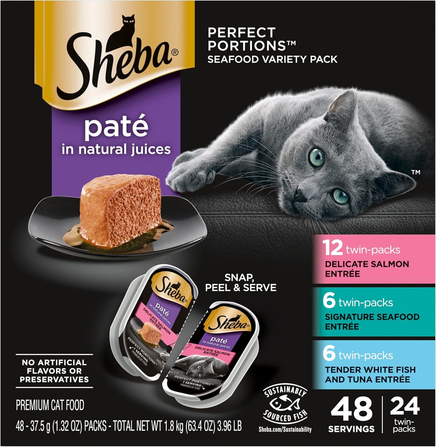 SHEBA PERFECT PORTIONS Paté Adult Wet Cat Food Trays (24 Count, 48 Servings), Signature Seafood Entrée, Easy Peel Twin-Pack Trays