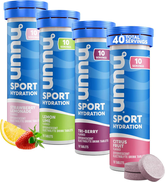 "Nuun Sport Electrolyte Tablets - Dissolvable in Water, Mixed Flavors | 5 Essential Electrolytes for Hydration | 1g Sugar Drink Mix | Vegan, Non-GMO | 4 Pack (40 Total Servings) 
"