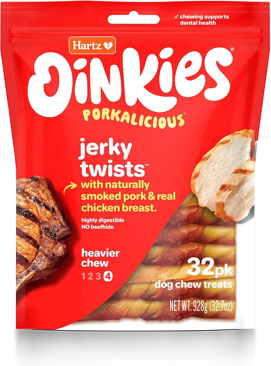 Hartz Oinkies Porkalicious Smoked Pig Skin Jerky Twists Dog Treats, 32pk