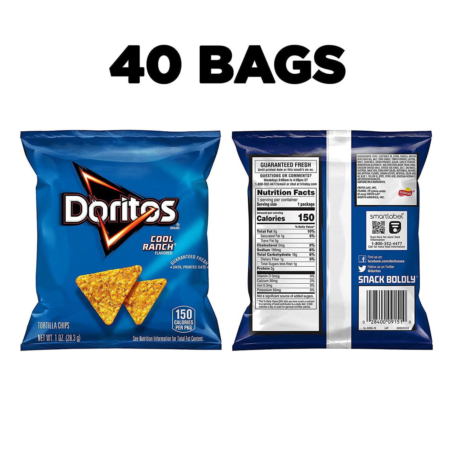 Doritos Cool Ranch Flavored Tortilla Chips Snacks Multipack, 1 oz Bags, 40 Count Multipack