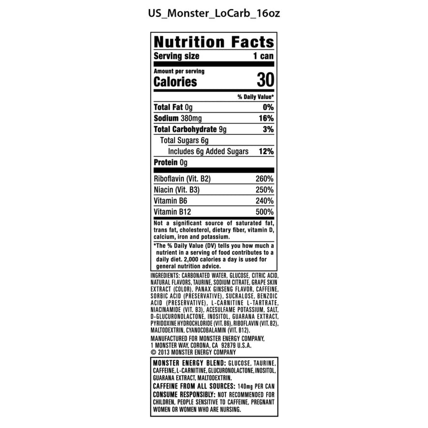 Monster Energy, LoCarb , Energy Drink, 12 Pack - 16 Fl Oz