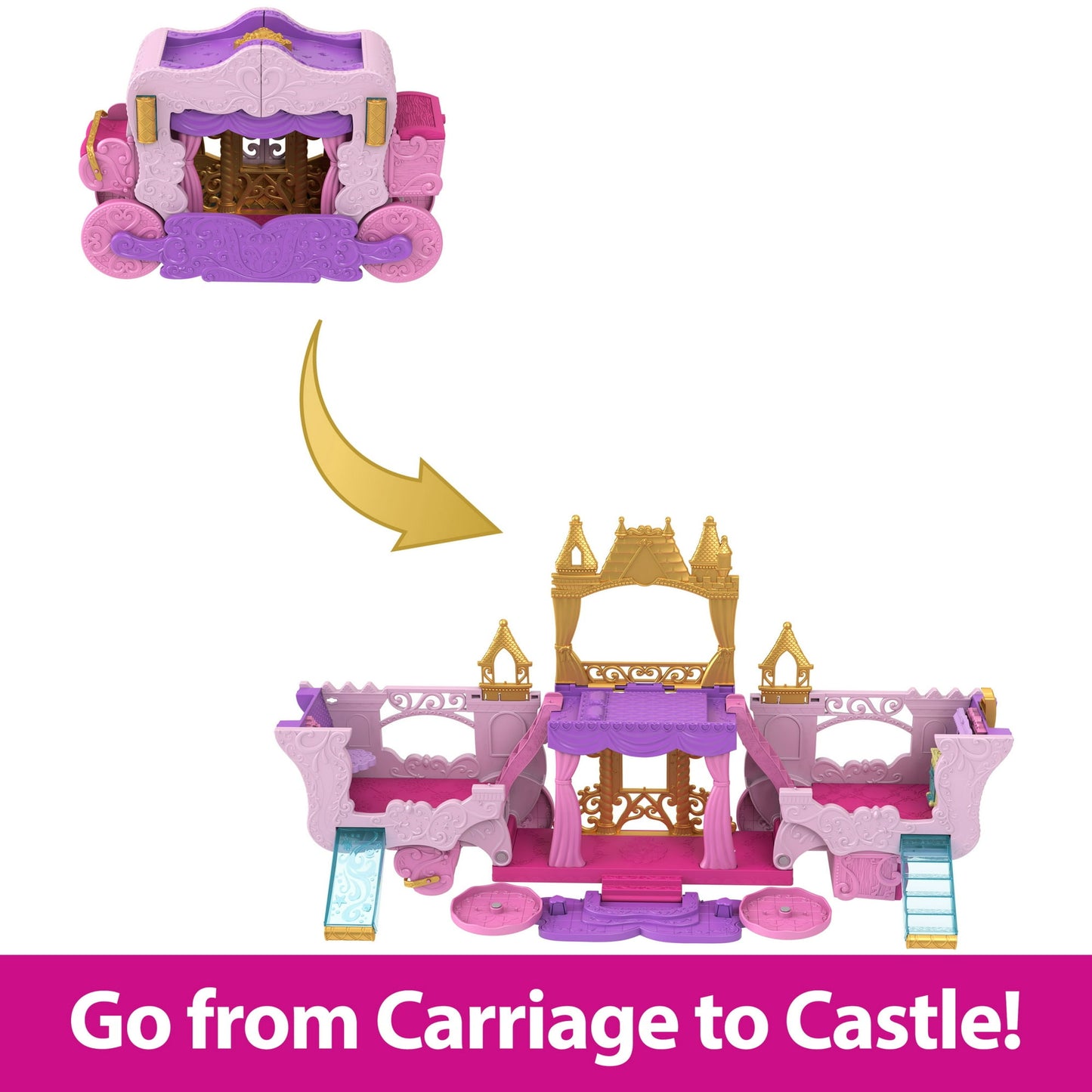 Disney Princess Carriage to Castle Transforming Playset with Aurora Small Doll, 4 Figures & 3 Levels