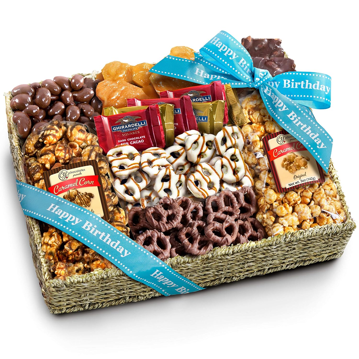 ]A Gift Inside Birthday Chocolate Caramel and Crunch Grand Gift Basket with Snacks, Pretzels, Ghirardelli and Chocolate-covered Nuts