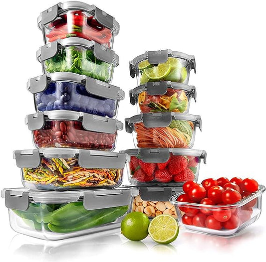 NutriChef Superior Glass Food Storage - 24-Piece Stackable, Meal-prep Containers w/ Newly Innovated Hinged BPA-Free 100% Leakproof Locking Lids - Freezer-to-Oven-Safe NCGLGY (Gray)