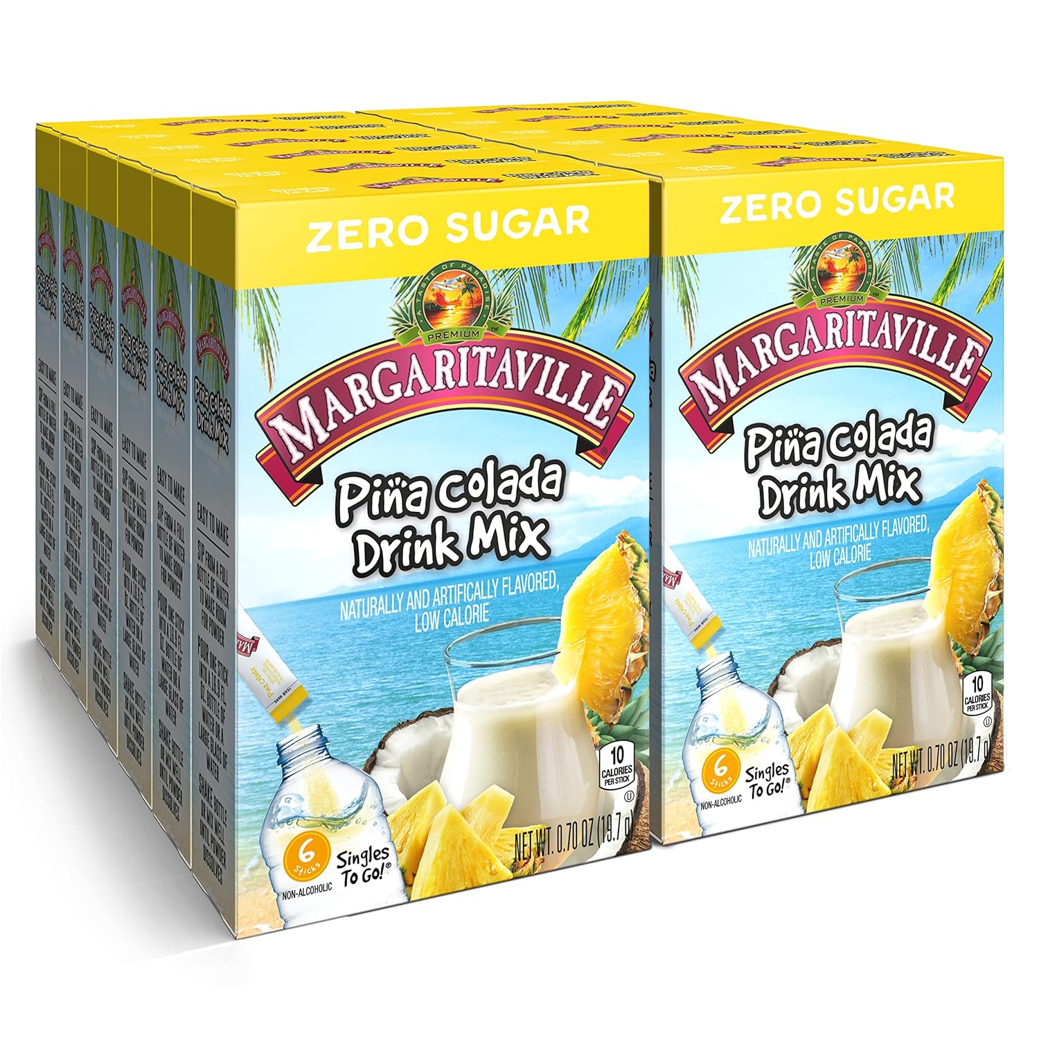 Margaritaville Singles To Go Water Drink Mix - Pina Colada Flavored, Non-Alcoholic Powder Sticks (12 Boxes with 6 Packets Each - 72 Total Servings), 0.65 Ounce (Pack of 12)