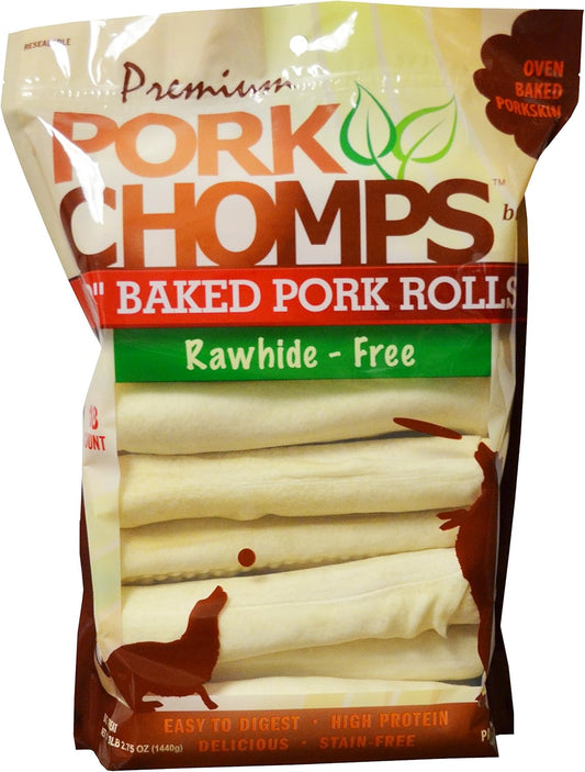 Pork Chomps Baked Pork Skin Dog Chews, 8-inch Rolls, 18 Count (Pack of 1)