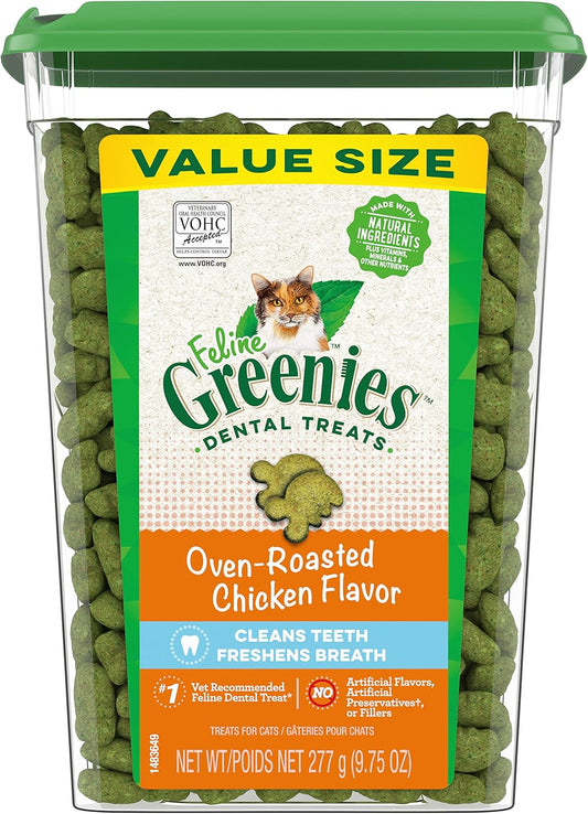 Greenies Feline Adult Natural Dental Cat Treats, Oven Roasted Chicken Flavor, 9.75 oz. Tub