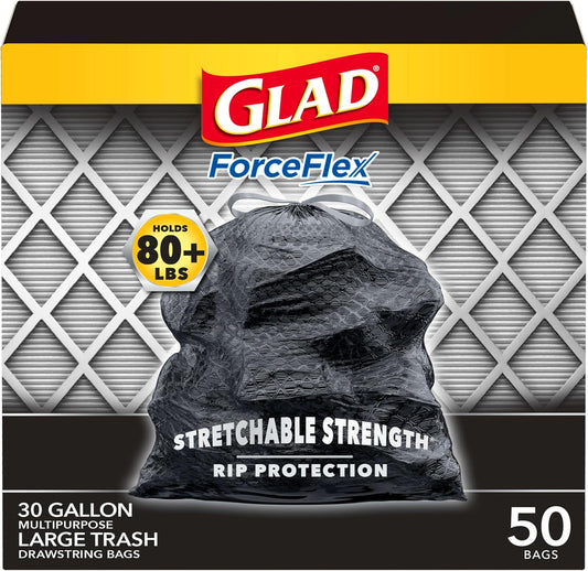 Glad Large Drawstring Trash Bags, ForceFlex 30 Gallon Black Trash Bags, 50 Count
