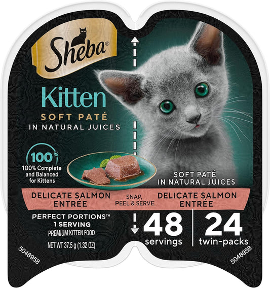SHEBA Perfect Portions Kitten Paté Wet Cat Food Trays (24 Count, 48 Servings), Delicate Salmon Entrée, Easy Peel Twin-Pack Trays