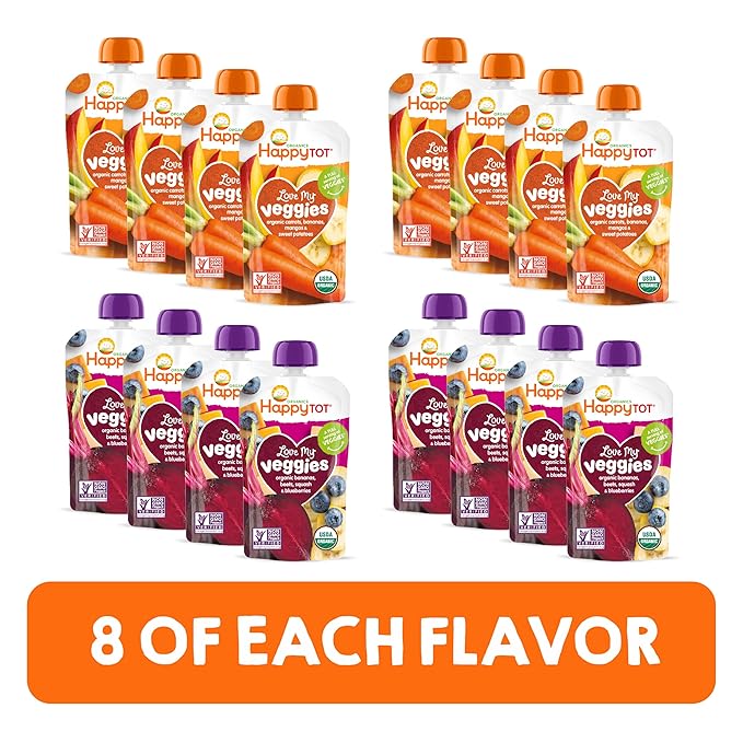 HAPPYTOT Organics Stage 4 Baby Food Pouches, Gluten Free, Vegan Snack, Love My Veggies, Fruit & Veggie Puree, Variety Pack, 4.22 Ounce (Pack of 16)