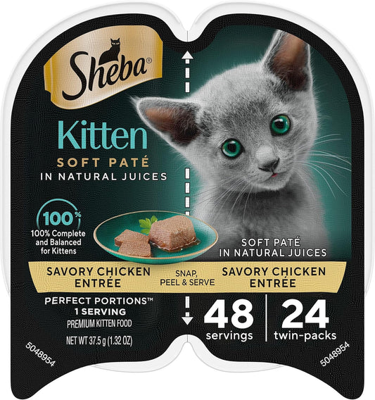 SHEBA Perfect Portions Kitten Paté Wet Cat Food Trays (24 Count, 48 Servings), Savory Chicken Entrée, Easy Peel Twin-Pack Trays