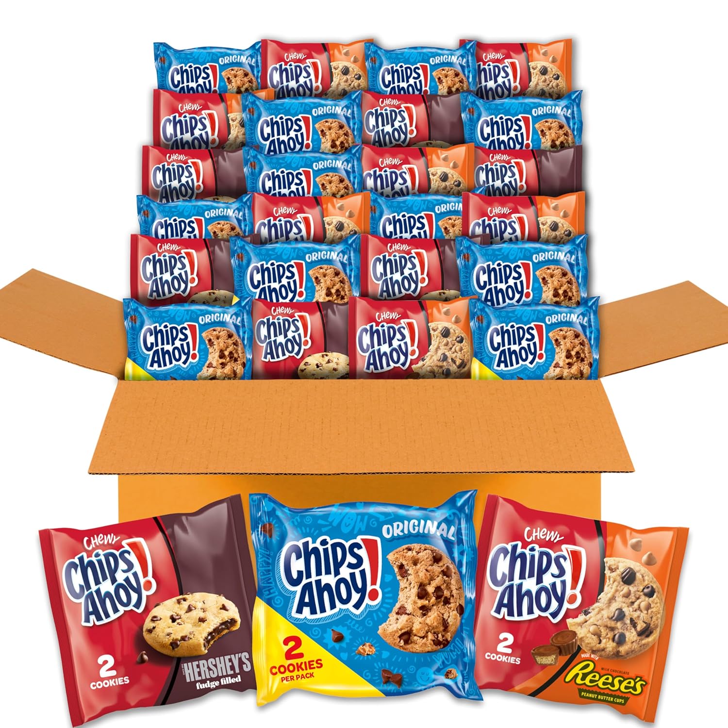 CHIPS AHOY! Cookie Variety Pack, Original Chocolate Chip, Chewy Chocolate Chip with Reese's Peanut Butter Cups & Chewy Hershey's Fudge Filled Soft Cookies, 50 Snack Packs (2 Cookies Per Pack)