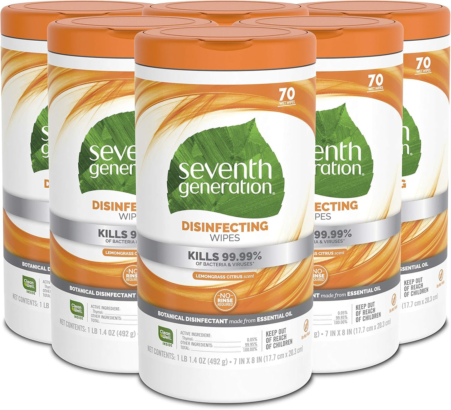 Seventh Generation Disinfecting Multi Surface Wipes, Botanical Disinfectant, 70 Count, Pack of 6