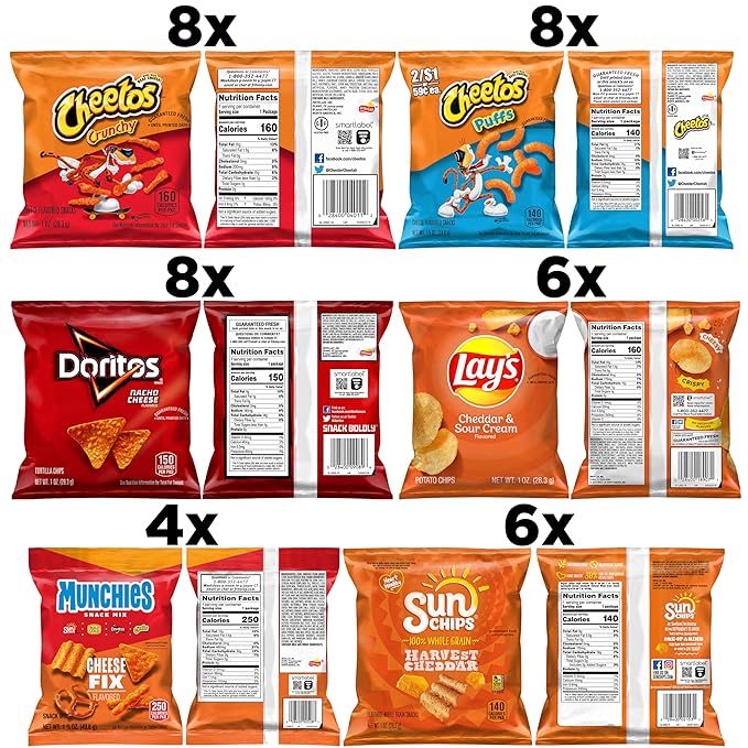 Frito-Lay Cheesy Mix 6 Flavor Variety Pack, Single Serve Bags (40 Pack), Doritos, Cheetos, Lay's, Munchies, SunChips