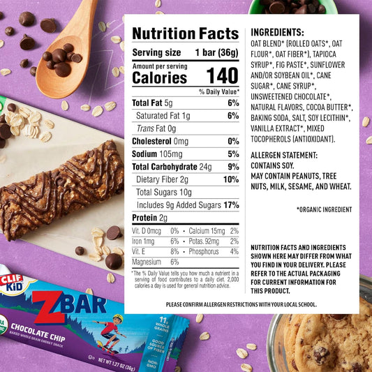 CLIF Kid Zbar - Chocolate Chip - Soft Baked Whole Grain Snack Bars - USDA Organic - Non-GMO - Plant-Based - 1.27 oz. (18 Pack)