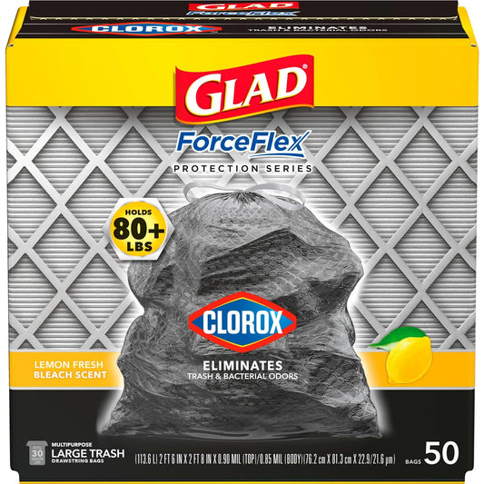 Glad Trash Bags, ForceFlex with Clorox Garbage Bags, Lemon Fresh Bleach Scent, 30 Gal, 50 Ct, Package May Vary