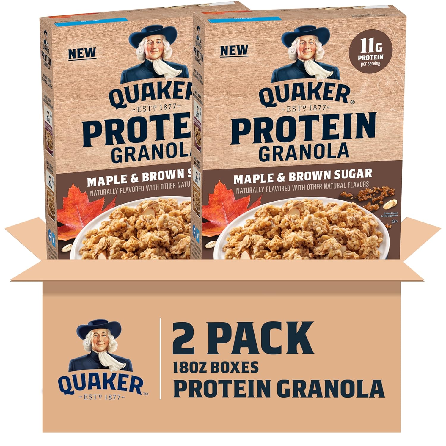 Quaker Protein Granola Breakfast Cereal, Maple Brown Sugar, 18oz Boxes (2 Pack)