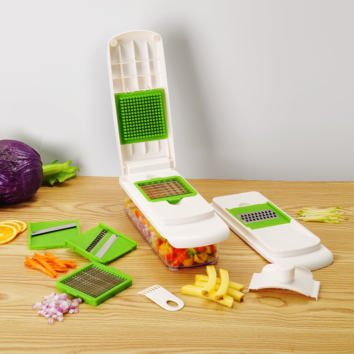 Mainstays 11 Pieces Multi-Function Nice Dicer and Mandoline, Stainless Steel, Green Glaze, 820g