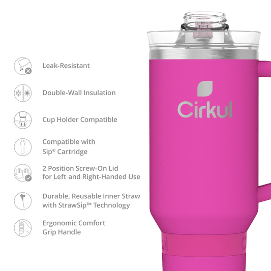 Cirkul 40oz All-Day StrawSip Double-Wall Insulated Stainless Steel Tumbler with Handle, Brink (Bright Pink)