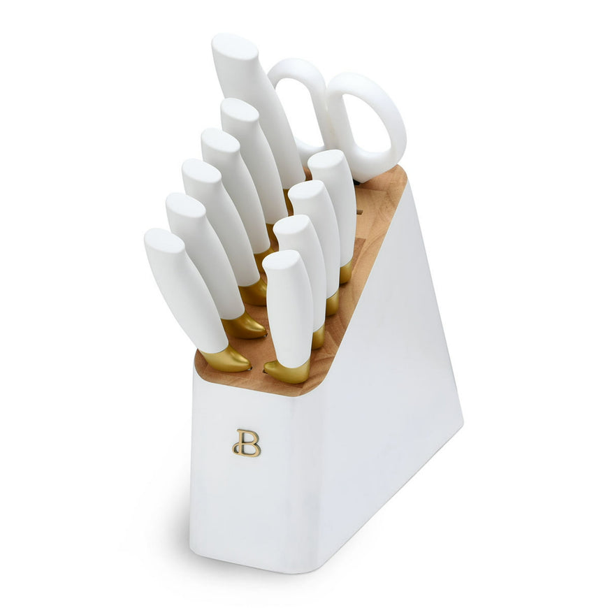 Beautiful 12 Piece Stainless Steel Knife Block Set, Soft-Grip Handles White Icing by Drew Barrymore
