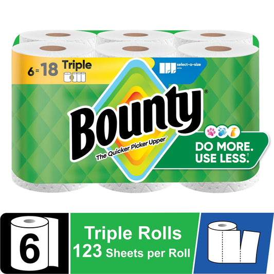 Bounty Paper Towels Select-A-Size White, 6 Triple Rolls, 123 Sheets Per Roll