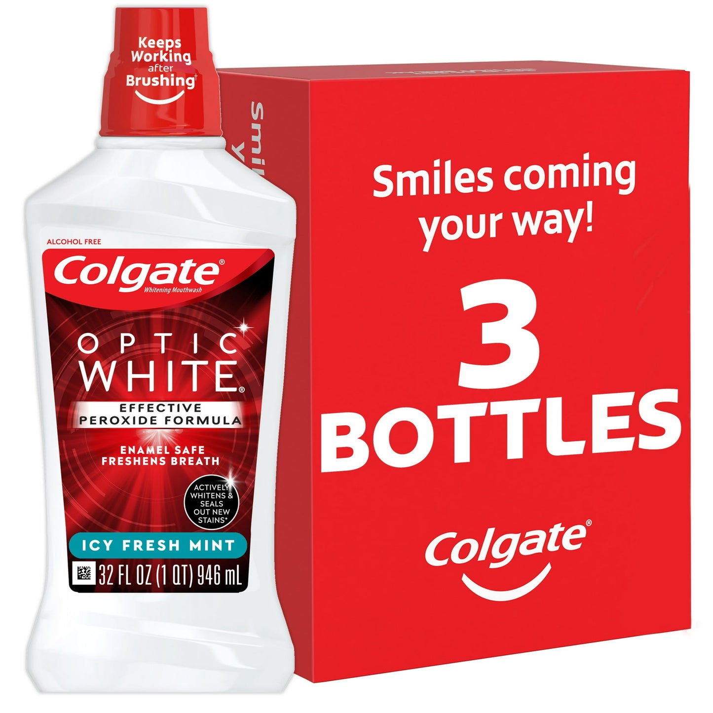 Colgate Optic White Whitening Mouthwash, 2% Hydrogen Peroxide, Fresh Mint, 32 fl oz, 3 Pack