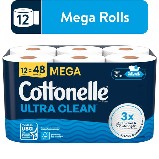 Cottonelle Ultra Clean Toilet Paper, Strong Toilet Tissue, 12 Mega Rolls