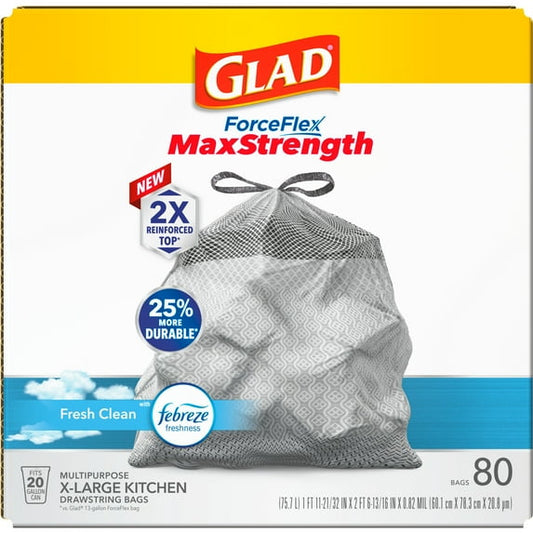 Glad 20-Gallon Scented Forceflex MaxStrength Tall Kitchen Drawstring Trash Bags, Fresh Clean Scent With Febreze Freshness, 80 Scented Bags
