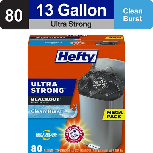 Hefty Ultra Strong 13 gallon Trash Bags, Tall Kitchen Trash Bags, Blackout, Clean Burst Scent, 80 Bags