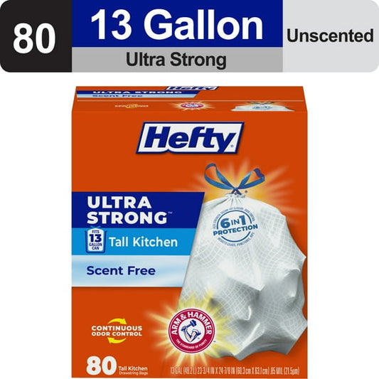 Hefty Ultra Strong 13 gallon Trash Bags, Tall Kitchen Trash Bags, White, Unscented, 80 Bags