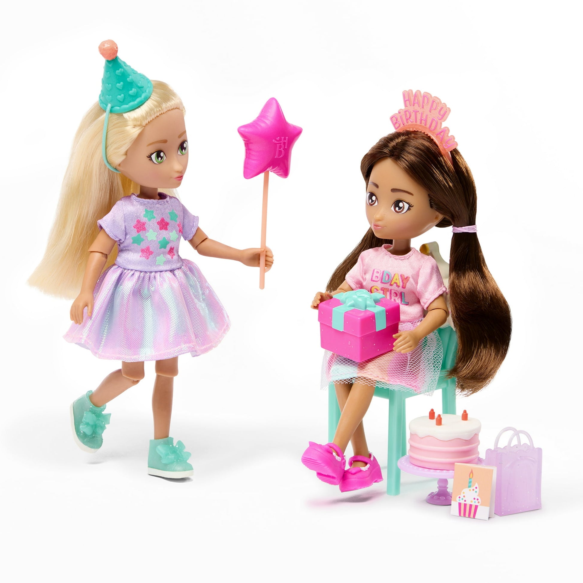Hey Bestie Emma & Camila 19 Piece Set of 2 (5.5-inch) Small Birthday Dolls with Play Food, Kids Ages 3+