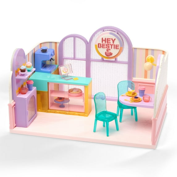 Hey Bestie Hugs & Mugs Cafe 25 Piece Coffee Shop for (5.5-inch) Small Dolls with Play Food, Kids 3 Years+