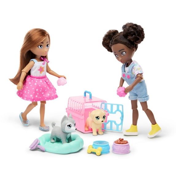 Hey Bestie Isa & Evie 18 Piece Set of 2 (5.5-inch) Mini Dolls with Toy Dogs & Pet Accessories, Kids Ages 3 & Up